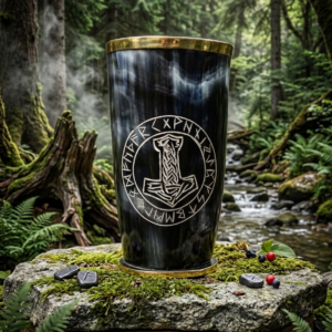 Gravierter Horn Becher Premium Trinkbecher „Mjölnir“ aus 100 % Rinderhorn